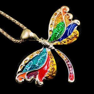 Enamel Dragonfly Pendant on Gold Tone Metal NWT
